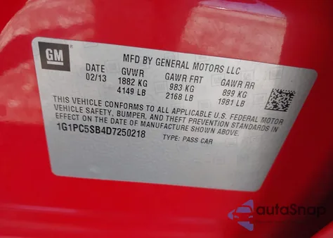 2013 Chevrolet Cruze 1Lt Auto z USA, uszkodzony, nr VIN 1G1PC5SB4D7250218